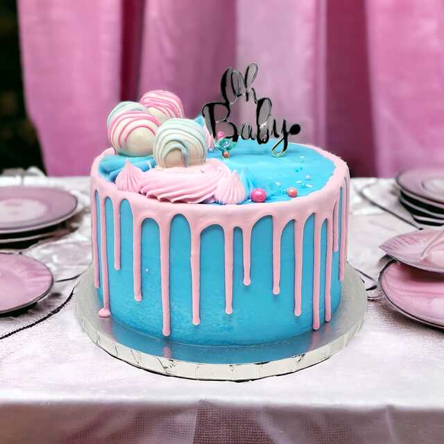 "Oh Baby" Gender Reveal Cake with Pink and Blue Cake Balls! 