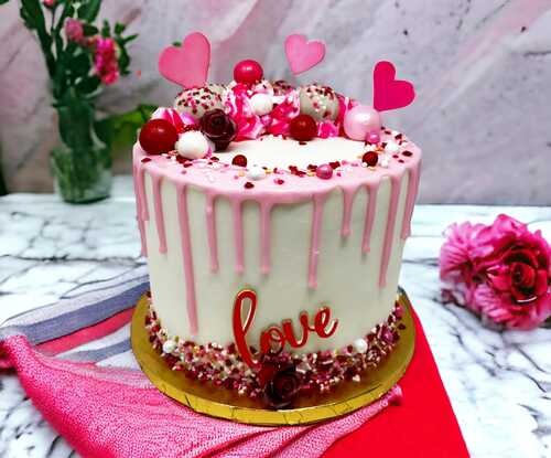 Valentine Triple Layer Cake with Chocolate Drip