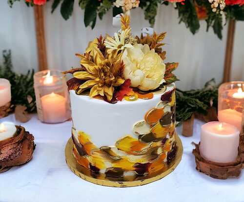 Golden Fall Triple Layer Cake with Floral Topper!