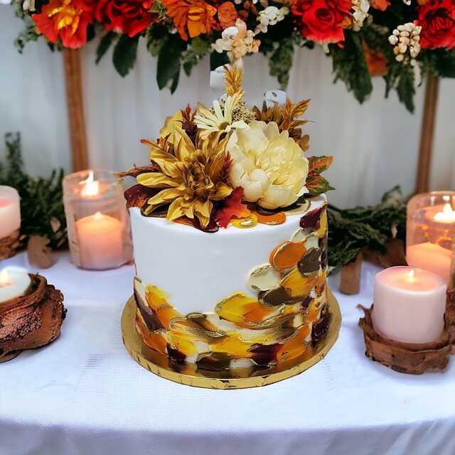 Golden Fall Triple Layer Cake with Floral Topper!