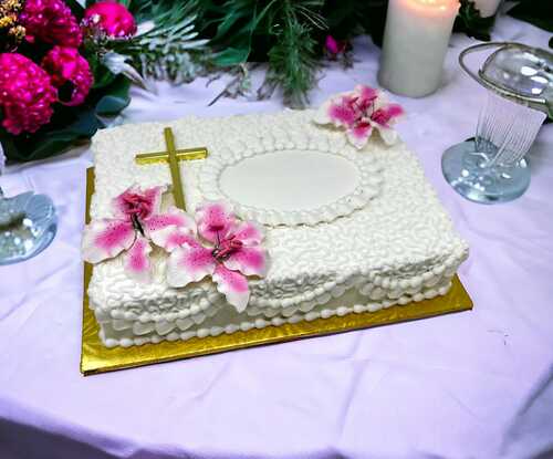 Gold Cross with Lilies Sheet Cake