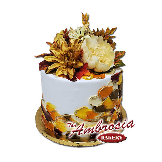 Golden Fall Triple Layer Cake with Floral Topper!