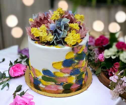 Golden Spring Triple Layer Cake with Floral Topper!