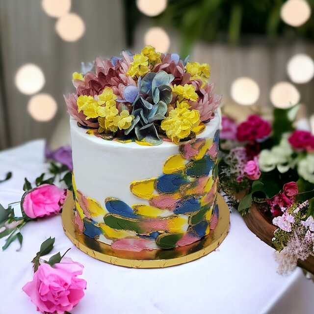 Golden Spring Triple Layer Cake with Floral Topper!
