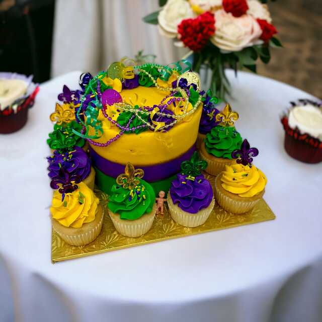 Mardi Gras Cake with 12 Cupcakes